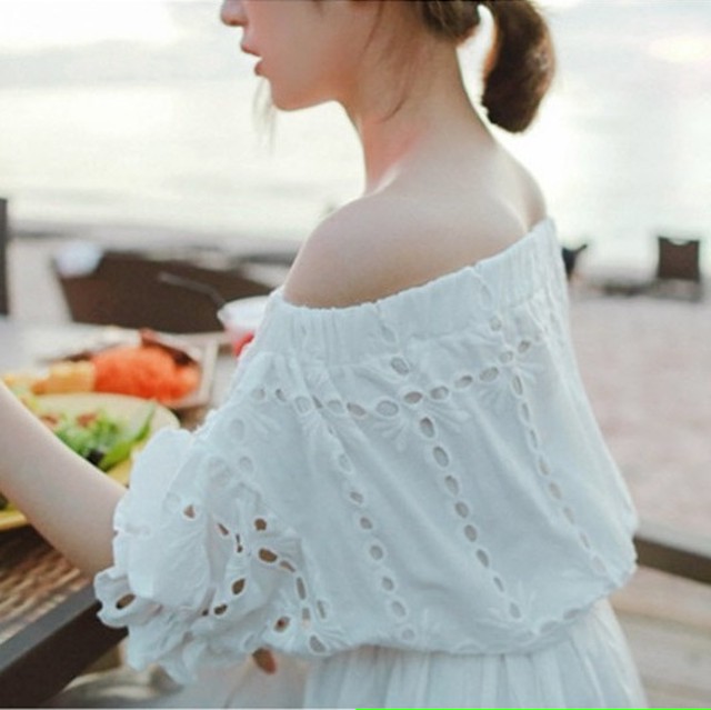 オフショルダーワンピース ホワイト ハイウエスト Aライン ロング丈 大人可愛い デート お出かけ ビーチ リゾート 海 Arroser Summer