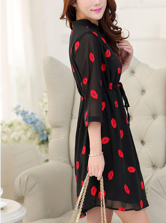 送料無料 リップ柄 シフォンワンピース 7分袖 ミニワンピ キスマーク ウエストリボン 二次会 ブラック トレンド ａ587 La Vie En Rose