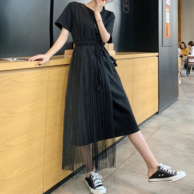 チュール付ワンピース 春夏 レディース Tシャツワンピース ひざ丈 ウエスト絞りワンピース 黒 即納 素敵な女性のあなたをさらに魅力的で綺麗に B N Theshop レディースファッションを中心にお手頃価格で提供