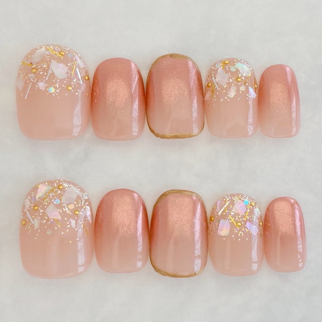 コッパーピンクミラー シェル トレンドネイルチップ ネイルサロンabbie