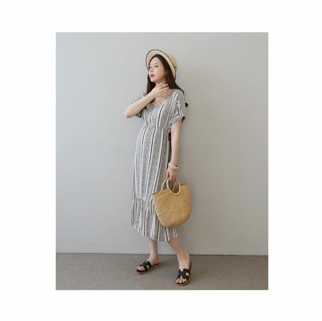 ワンピース マタニティ マタニティーワンピース ロングワンピース ミモレ Vネック カジュアル 妊娠 初期 中期 後期 臨月 19夏 春物 夏物 秋物 Mamafuku