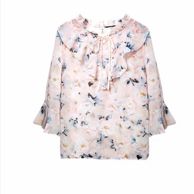 夏服 レディース ラッフル フリル 花柄 ブラウス 清楚 夏 春服 ピンク シャツ 可愛い 夏服 トップス 春 レディース 長袖 フレアスリーブ Basecamp49