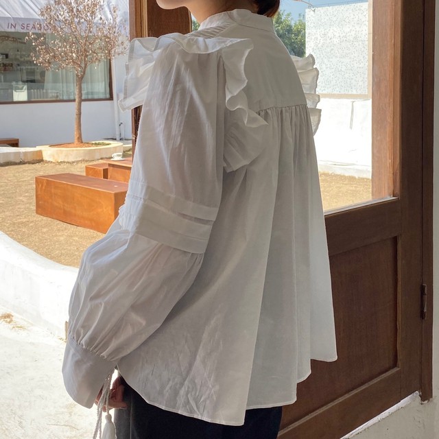 2色 ピンタックフリルのフリンジ袖リボンブラウス 4404 Luluchu