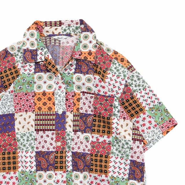Patchwork print open collar shirt