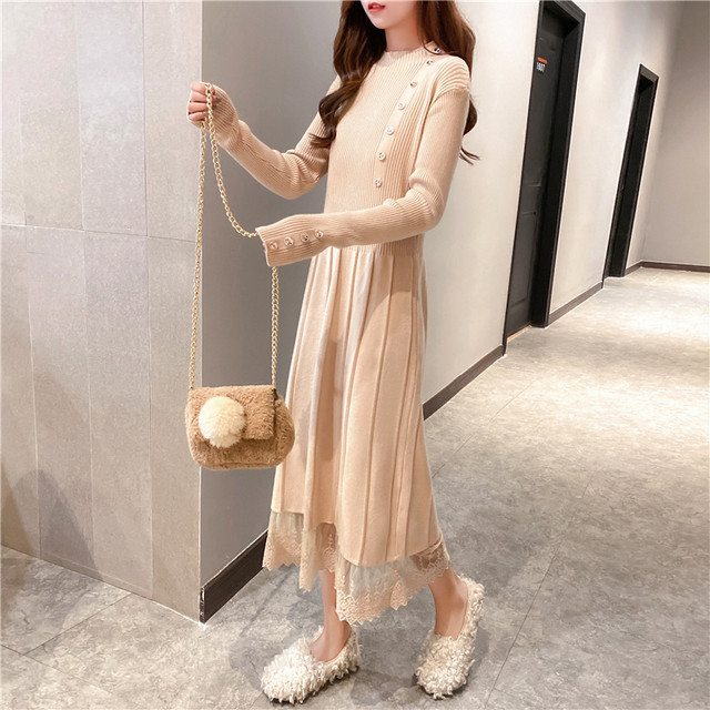 ニットワンピース 秋 冬 エレガント きれいめ 30代 40代 50代 モックネック 長袖 ミモレ丈 レース付き 飾りボタン リブニット プリーツ 切替 無地 ガーリー 大人かわいい オシャレ デート お出かけ お呼ばれ Rb A10 0053 Redbell