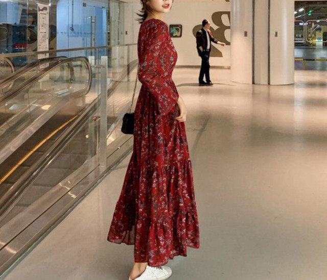Top Mode ワンピース 春ワンピ Vネック マキシ丈ワンピース 長袖 花柄 ボヘミアン ロングワンピース シフォン シフォンワンピース 春服 ニッチ ハイストリート ゆったり レッド 赤 オーバーサイズ 個性的 代 30代 きれいめ モダン 春夏 着痩せ効果 大人カジュアル