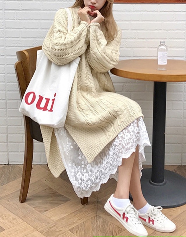 冬の新商品ペチコート付きニットワンピース プチプラ デート カジュアル 通学 学生 ざっくりニット 手編み風 送料無料 韓国レディース キッズファッション Londonbridge ロンドンブリッジ