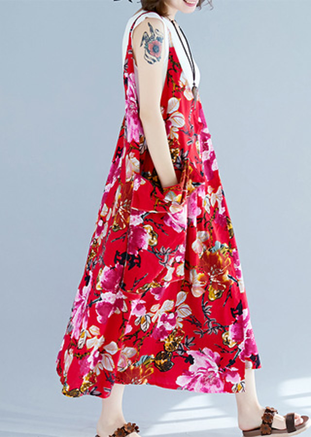 ノースリーブ ワンピース ロング丈 レッド 花柄 18 Vネック エレガント おしゃれ 春夏 Jm6074 ワンピの里