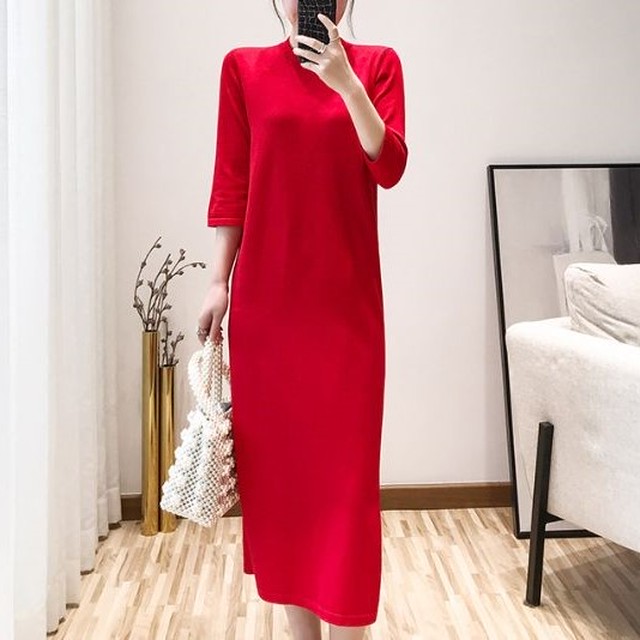 ニットワンピ ニットワンピース 40代 ロング タイト コーデ 50代 30代 カジュアル おしゃれ 通勤 きれいめ オフィス 大人 レッド ブラック グレー ワンカラー ラウンドネック 韓国風 Dress No Sato