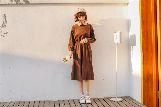 こっくり色シャツワンピース レディースロングスカート デイリーデート 茶色 カーキ アースカラー プチプラ通販 秋冬 Aライン B647 Idear