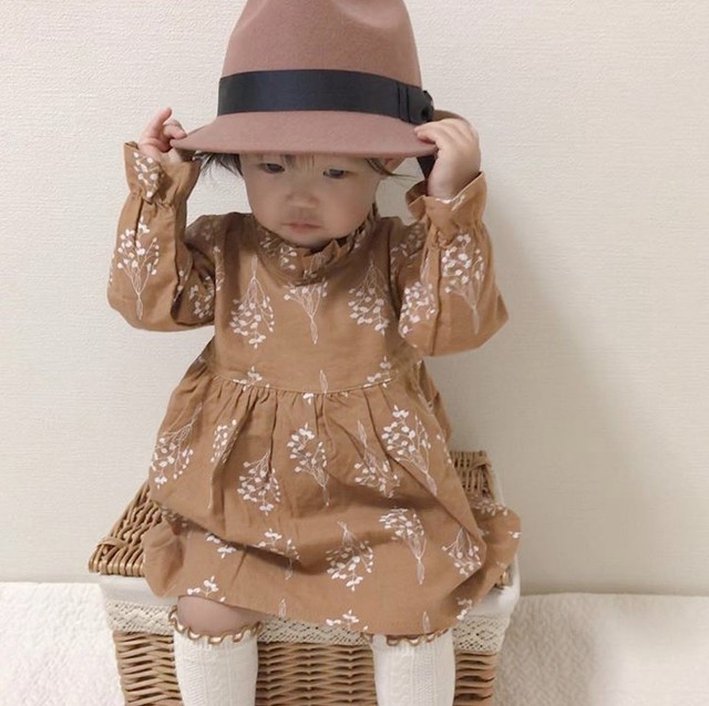 即納 送料無料 韓国子供服 花柄ワンピース マスタード グレー Bloominess