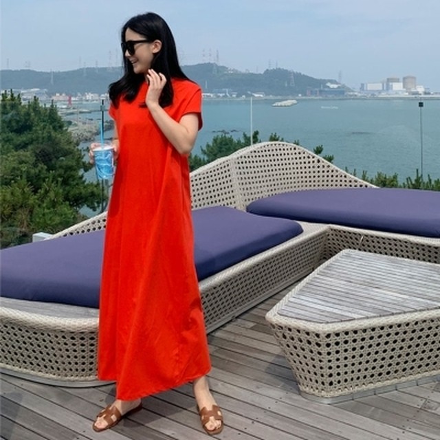 ワンピース ロング丈 半袖 無地 Iライン Tシャツワンピース シンプル スリット 春夏 オレンジ ウッディーベース1号店