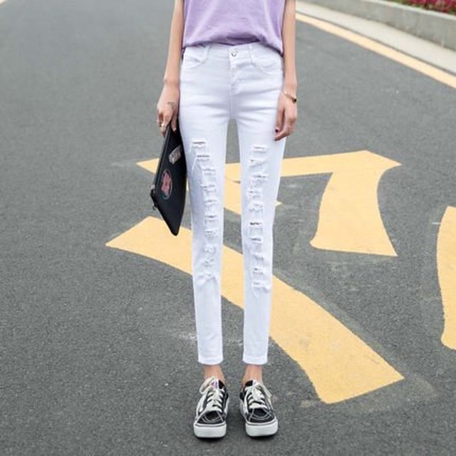 ホワイト ダメージ ジーンズ レディース 白 ダメージ スキニー デニムパンツ 春服 パンツ 30代 40代 ブラック ジーパン スリム 脚長 21年 ローライズ カジュアル デイリー 9分丈 Rx1069 Raxia ラクシア
