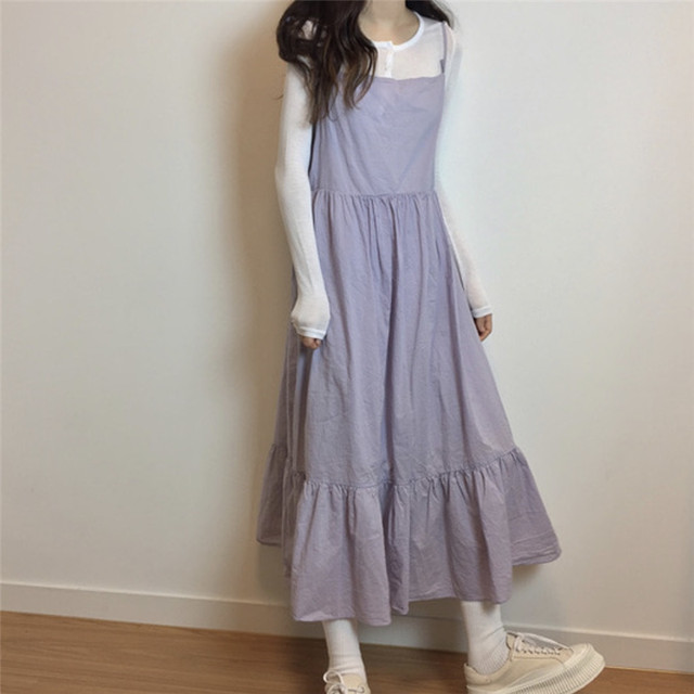 ワンピース きれいめ ロング丈 大人 ロングワンピース キャミワンピース ノースリーブ フレア Aライン パープル シンプル 着まわし Evergreen