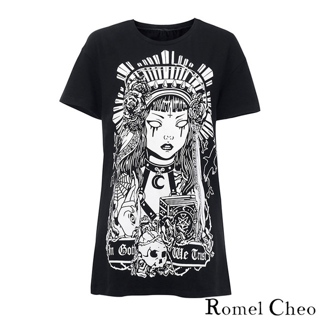 Romelcheo ダーク ウィッチ プリント Tシャツ 魔女 ドクロ スカル 黒魔術 紫 レデイース ゴシック ロック パンク V系 暗黒系 病みかわいい ストリート系 原宿系 青文字系 カジュアル ファッション ロメルチェオ Romelcheo