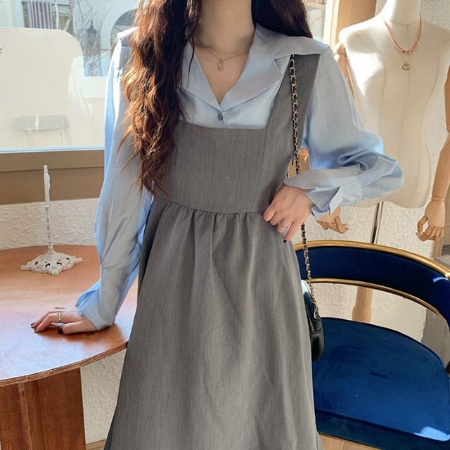 ツーピース セットアップ ブラウス 長袖 大きめ襟デザイン ワンピース ノースリーブ ミモレ丈 フレア Quadrifolie クローバー