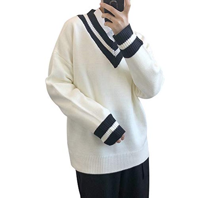 Jpcs セーター メンズ Vネック チルデン ニット セーター プルオーバー ケーブル編み トップス カジュアル オーバーサイズ スクール 韓国風 秋冬 Az Japan Classic Store