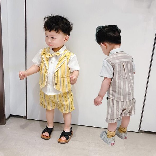 男の子 スーツ 上下セット ストライプ 夏 おしゃれ 人気 ２色 Dyh海外子供用品