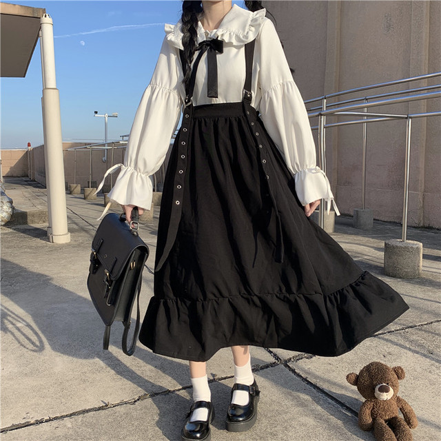 レディース ロリィタ系 甘ロリ サスペンダースカート ハイウエスト ミモレ丈 切替フレア かわいい ストリート系 オルチャン 原宿系 10代 代 天使と悪魔 サブカル系ファッション Seasonz