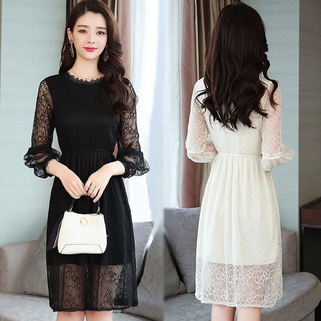 ワンピース レディース レースワンピース エレガントワンピース 膝丈 膝上 ワンピ メッシュ 切替え 色違い 長袖 フェミニン Happy Toon
