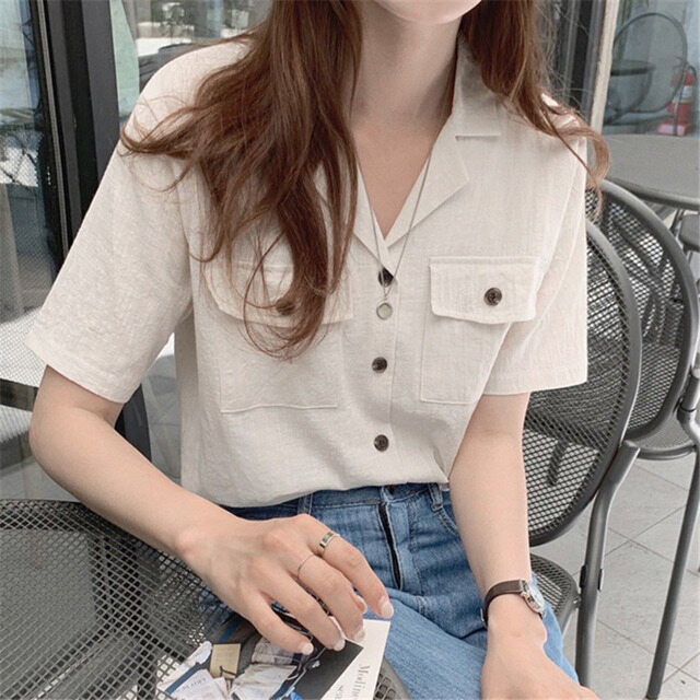 レディース シャツ ブラウス ビジネス オフィス 半袖 トップス 襟付き ｖネック 無地 レトロ 着回し シンプル おしゃれ 大人可愛い カジュアル フェミニン お出かけ 普段着 春 夏 黒 Evergreen