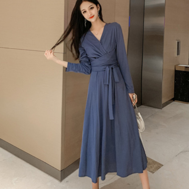 ドレス ワンピース ロング丈 Vネック 長袖 無地 ドレスワンピース 大人可愛い フォーマル セクシー エレガント 上品 韓国 秋冬 結婚式 二次会 お呼ばれ 謝恩会 ブライスメイド 発表会 演奏会 代 30代 40代 ブラック ブルー ピンク ドレス ワンピース Ok156 Sunny Place