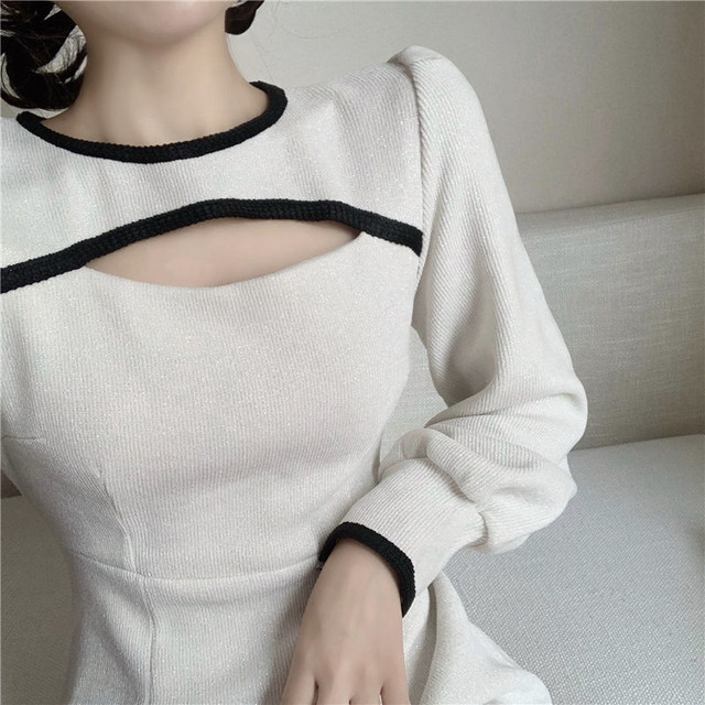 ワンピース デコルテ開き ミニ丈 長袖 レトロ コーデュロイ ホワイト セクシー ミニ おしゃれ かわいい 韓国 韓国ファッション オルチャン オルチャンファッション P1244 Korean Select 韓国ファッション オルチャンファッション