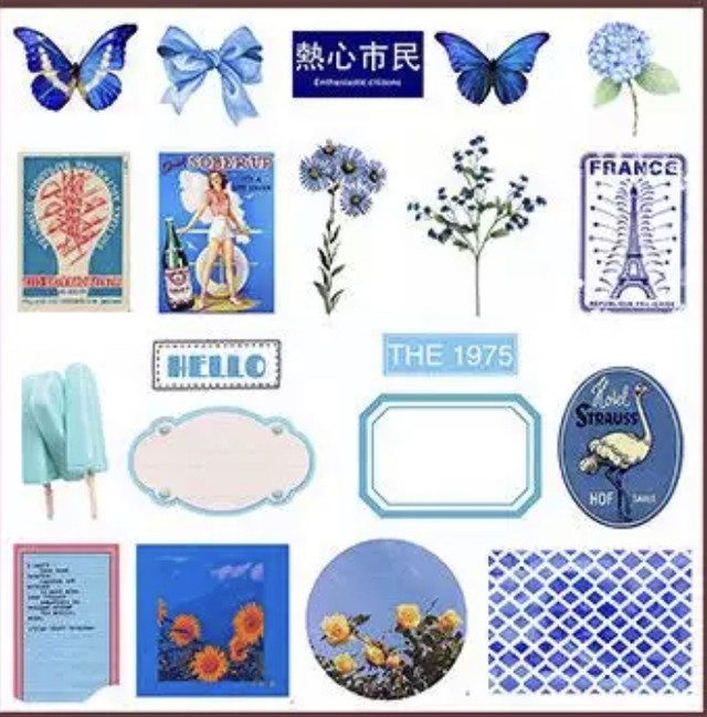 480 海外 レトロ可愛いブルー系フレークシール ステッカー Honey Bee ハニービー