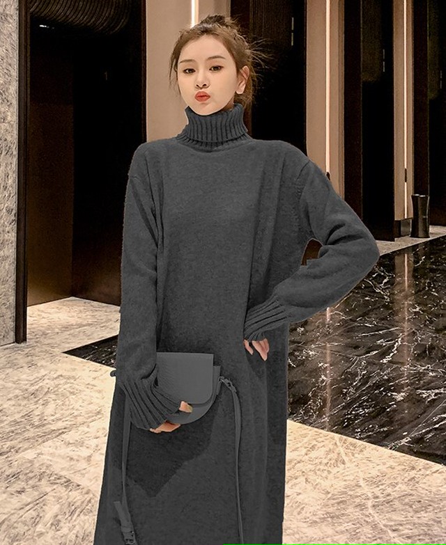 ワンピース マタニティ ミモレ丈 マタニティワンピ 秋冬 ニット タートルネック ゆったり 長袖 厚手 Ab1850 Valentina210