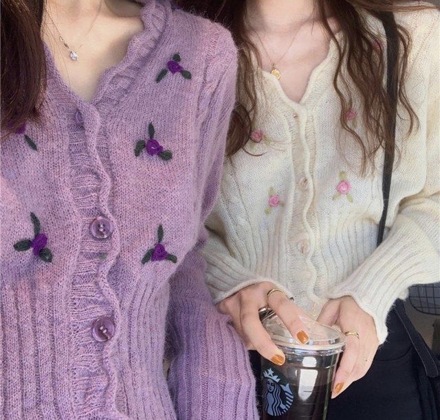 新作 韓国 花柄刺繍 ニット カーディガン 可愛い ニットカーディガン フリル Ririan 韓国ファッション 韓国雑貨 送料無料