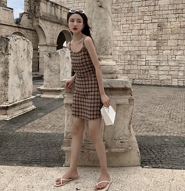 ワンピース チェック柄 キャミソールワンピ ミニ丈 スリム カジュアル デイリー 大人可愛い おしゃれ デート お出かけ 夏 Like Fashion