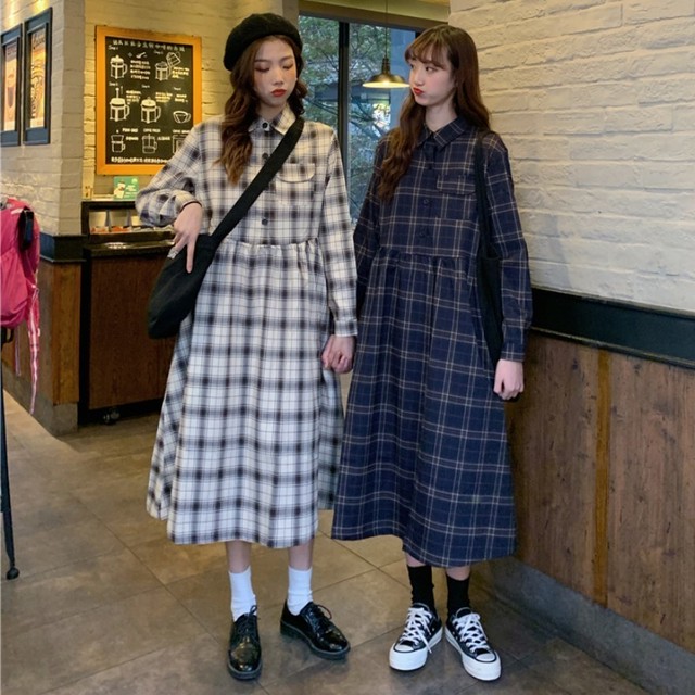 レトロコーデ ひざ丈ワンピース チェック柄 タータンチェック レディース フェミニン チェックワンピース 春秋 長袖 カジュアル デート お出かけ Ptnym2907 Shop Suba