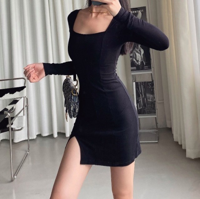 スクエアカラータイトワンピース ミニ丈 サイドスリット Kc197 Che Gioia