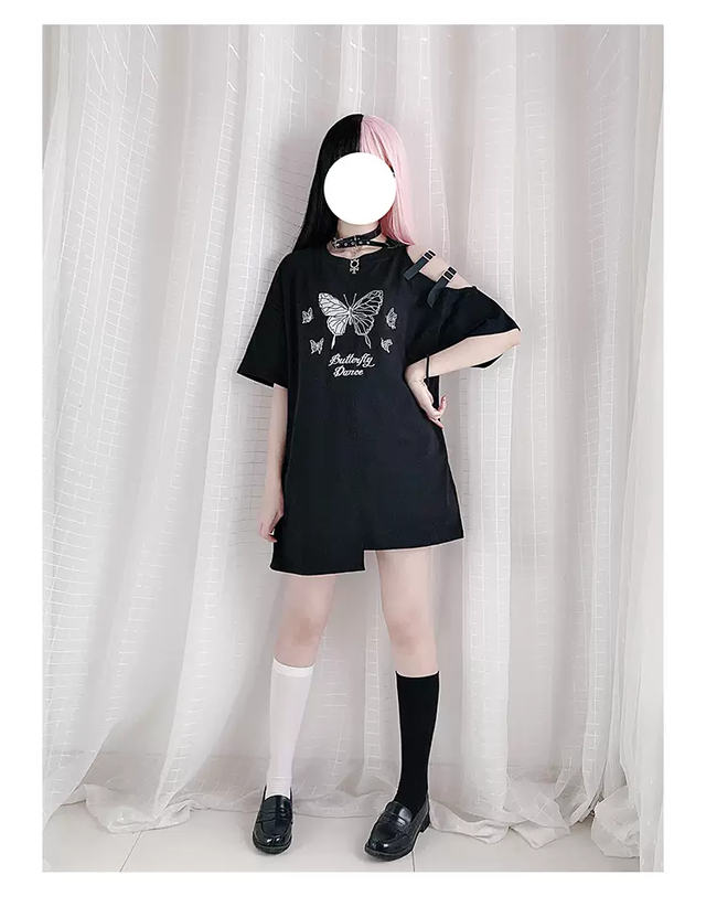 Top Mode トップス Tシャツ ルーズ オーバーサイズ ラフ ワンピース バタフライ 肩見せ ベルト 半袖 ブラック 黒 病みかわいい カジュアル セクシー クール 韓国ファッション 個性派 夏 普段使い Z106 Top Mode Top Mode トップス Tシャツ ルーズ オーバーサイズ ラフ ワンピース バタフライ 肩見せ ベルト 半袖 ブラック 黒 病みかわいい カジュアル セクシー クール 韓国ファッション 個性派 夏 普段使い Z106 Top Mode