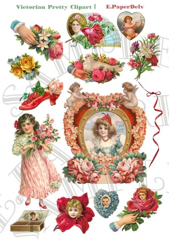 ヴィクトリアン薔薇と少女のクリップアート コラージュ1 ペーパーデルブ素材集