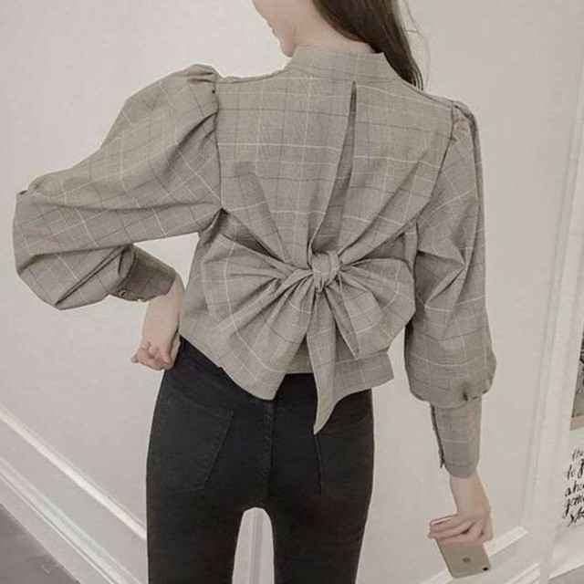 トップス ブラウス シャツ きれいめ バックリボン グレンチェック チェック 大人可愛い 服 春 秋 カジュアル A550 Happinessshop ハピネスショップ レディース ファッション アイテム トレンド
