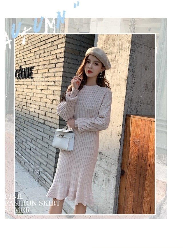 ニットワンピース 韓国 秋 冬 韓国ワンピース ニットワンピース 無地 きれいめ ひざ丈 膝丈 ミディアム 秋 冬 40代 代 50代 30代 10代 Basecamp49