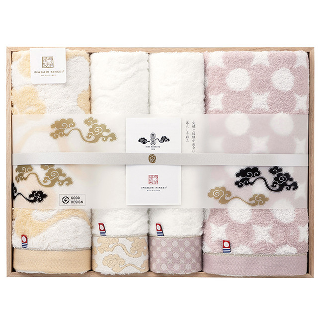今治謹製 今治タオル ギフト 4枚セットc コンパクトバスタオル2 ロングフェイスタオル2 縁起の良い唐長文様 雲母唐長 木箱入り 引出物 結婚祝い ふわふわ ふんわり 柔らかい 日本製 ギフト包装 幸せデリバリー リングピローなどの結婚式アイテム 手芸用品の通販
