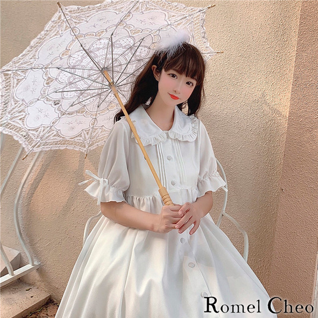Romelcheo シンプル スイート フリル ワンピース レディース 半袖 膝丈 Aライン 無地 白 清楚 ゆめかわ 大人可愛い かわいい ロリータ 原宿系 お嬢様 ガーリー 森ガール ロメルチェオ Romelcheo