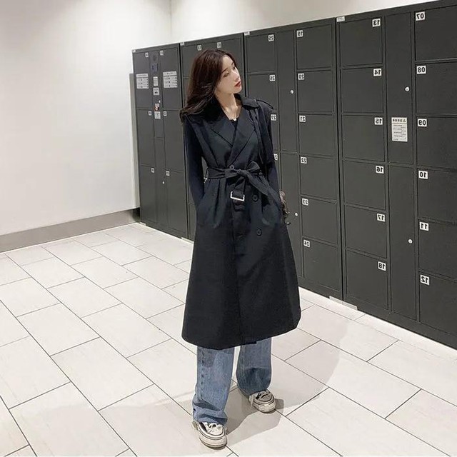 ジレンチ トレンチコート アウター レディス コート ジャケット ロング丈 無地 ウエストマーク 春 エレガント カジュアル カーキ ブラック ウッディーベース1号店