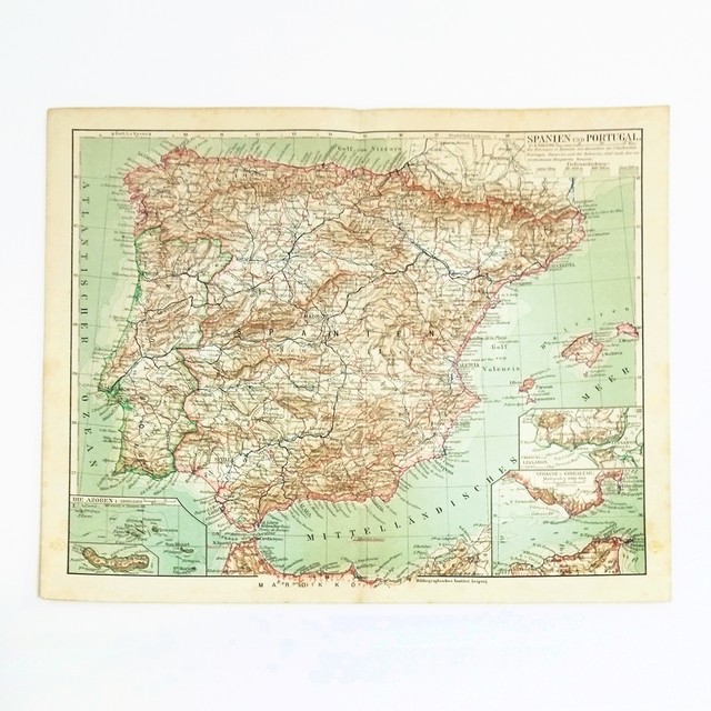 マイヤー百科事典 スペイン ポルトガル アンティークマップ 古地図 ビンテージ 地図 図版 1957 84 Backlane