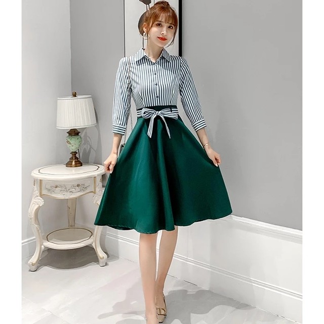 国内発送 D110 大きいサイズあり シャツ切り替えワンピース 秋服 シャツワンピース オフィスカジュアル グリーン S M L 2l 3l Happycheek
