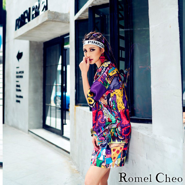 Romelcheo メルト プリント メッシュ Tシャツ ロング丈 ミニワンピース レディース 落書き 個性的 個性派 派手 ストリート系 原宿系 韓国 カジュアル ファッション ロメルチェオ Romelcheo