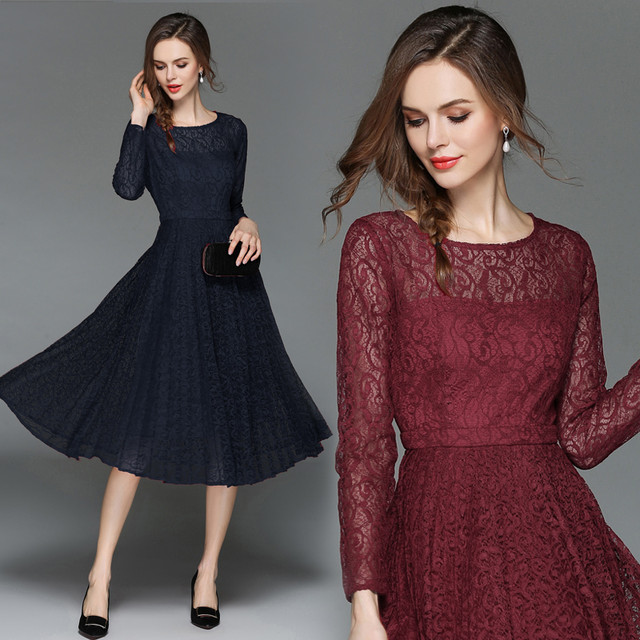 全4色 S Xl ワンピース ドレス ラウンドネック プリーツスカート レース 長袖 膝下 フォーマル ブラウン ネイビー ワインレッド ブラック 通勤 パーティー デート お出かけ 演奏会 食事会 Dressarroser
