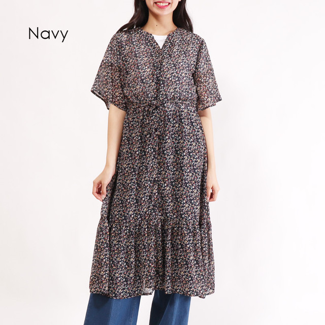 春物半額セール 小花柄ロングガウンティアードワンピース ロングワンピース ネイビー Oribecat 大人かわいいお洋服のお店