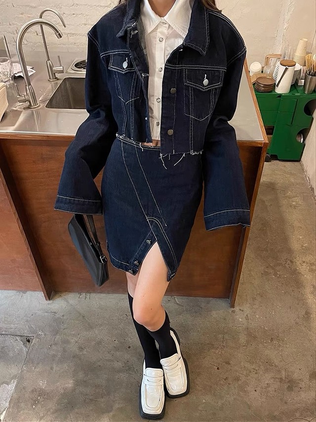 slanting line denim set up