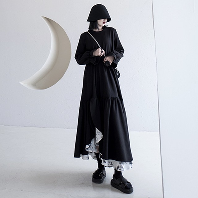 病みかわいい ゴスロリ 黒ドレス ワンピ ロング丈 アシンメトリー 大人きれいめ モード系 女子会 デート お呼ばれ 代 30代 天使と悪魔 サブカル系ファッション Seasonz