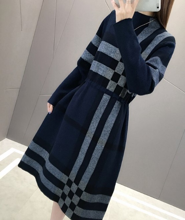 ワンピース ニットワンピ 秋冬 レディース 長袖 ひざ丈 ハイウエスト チェック 体型カバー Ab1519 Valentina210