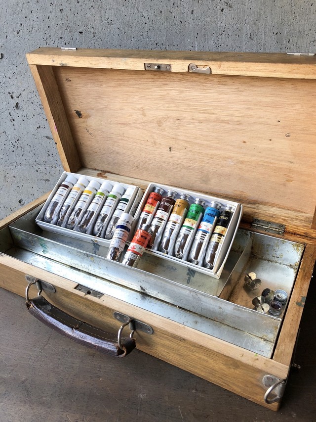 昭和レトロ 古い木製の画材ケース 油絵 絵の具入れ トランク 美術用品 道具箱 古道具 ディスプレイ Choice