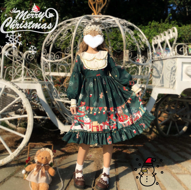 ロリータワンピース 2色 長袖 ハイウェスト Lolita Op Dress ロリィタ ロリータファッションタ ロリー風ワンピ クリスマス Beautycam